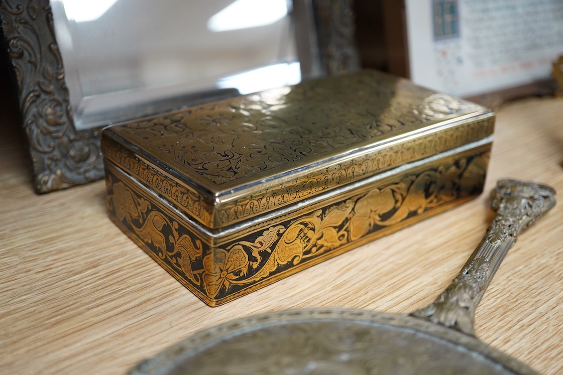 A group of brass and other metalware including an easel, various boxes, mirror etc.(9).